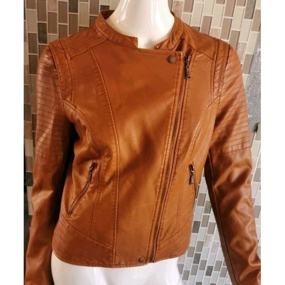 Jou Jou Faux Leather Jacket Moto Walnut Brown Vegan Biker Sz Junior 1X Fall Warm